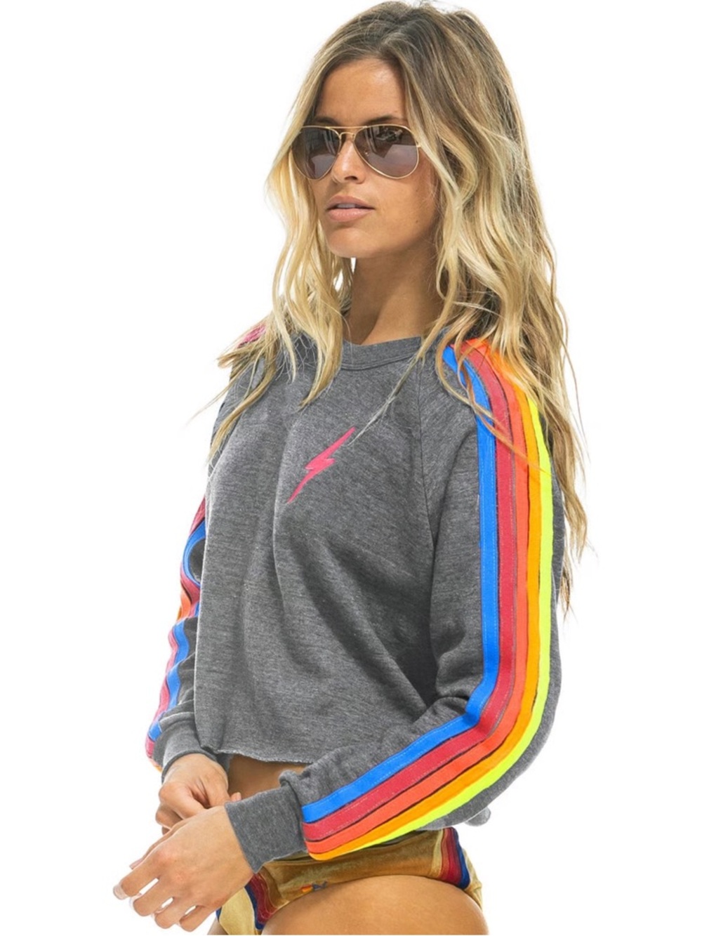 Aviator Nation Bolt 5 Stripe Cropped Heather Grey Crewneck Sweatshirt L